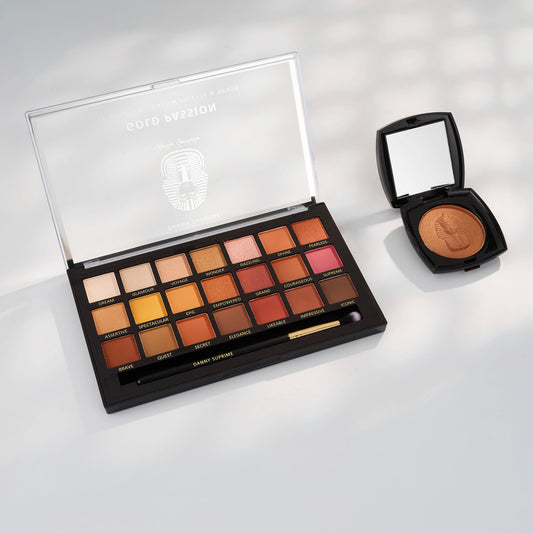 Glam-Set – Ägyptische Erde Puder-Bronzer + Gold Passion Lidschatten-Palette (21 Farben und Pinsel)