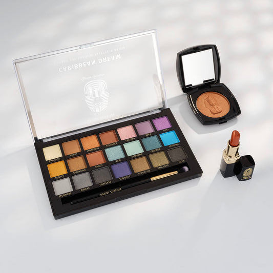 Ultra-Glam-Set – Ägyptische Erde Puder-Bronzer + Magic Lipstick + Caribbean Dream Lidschattenpalette (21 Farbtöne und Pinsel)